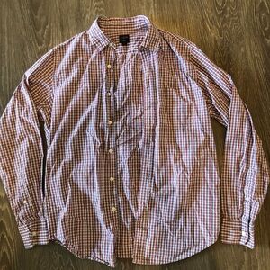 Red and white J. Crew button up shirt